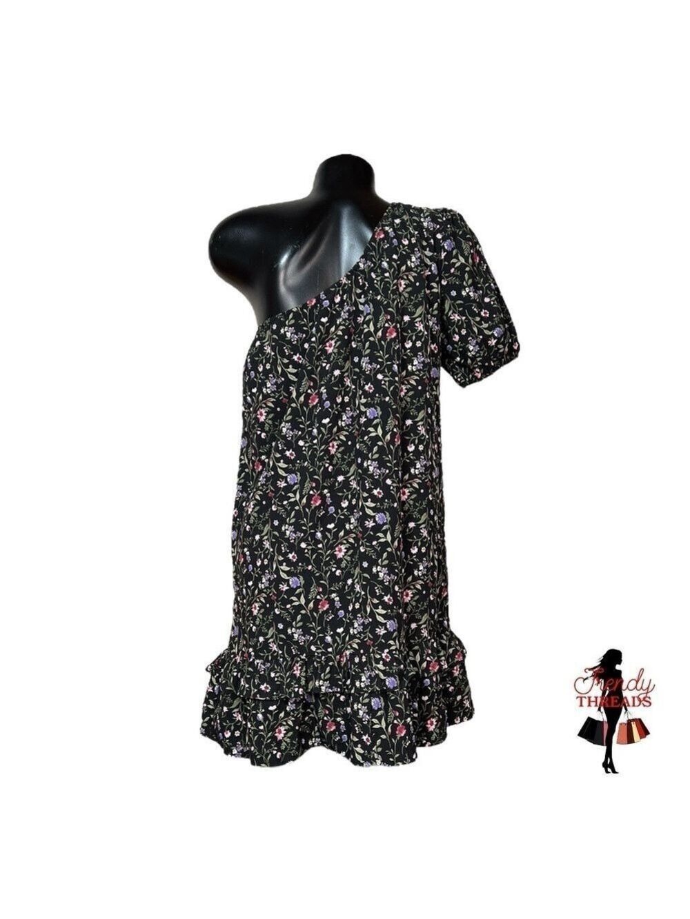 French Grey NEW One Shoulder Ruffle Dress Medium Large Dark Floral Black Boho - Picture 4 of 8